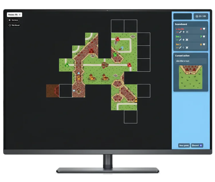 Play TileLord on Desktop - Full Carcassonne Experience TileLord Carcassonne-style board game running on desktop computer browser showing game board with tiles, roads, cities and player scoring